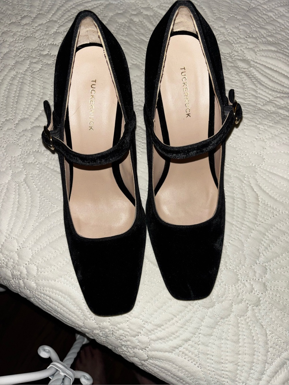 Black Velvet Julia Heels by Tuckernuck, featuring a soft velvet texture size 9.5